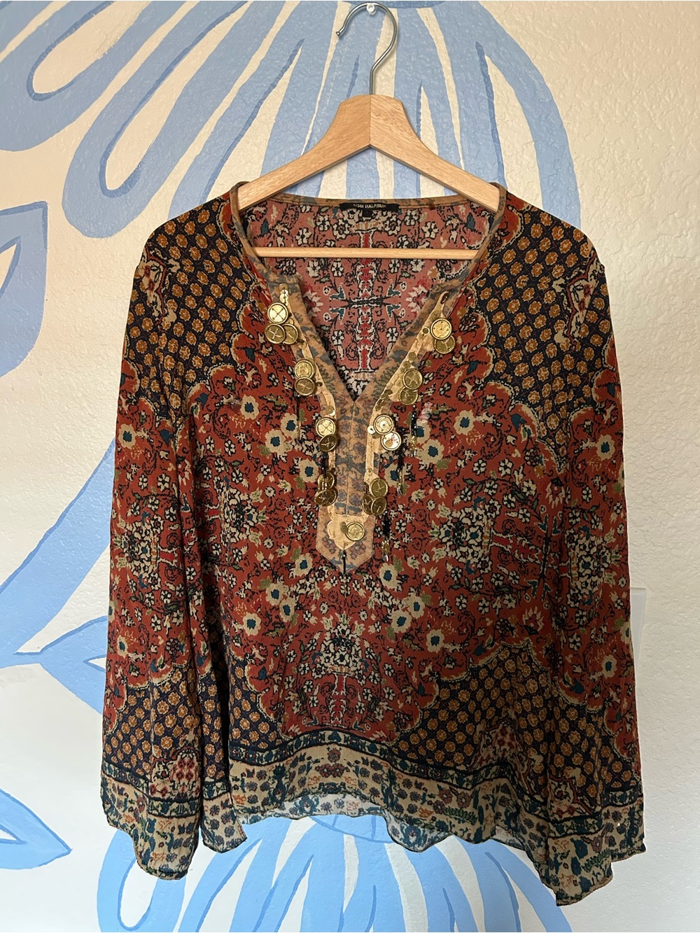 Kobi Halperin Silk Tassel Coin Embellished Boho Blouse Top Rust Medallion